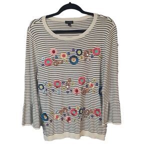 Talbots knit top sequin embroidered stripe bell sleeve thin sweater M casual chi